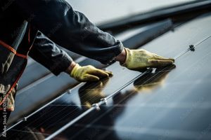 Arbeiter, der Photovoltaik-Panele anbringt